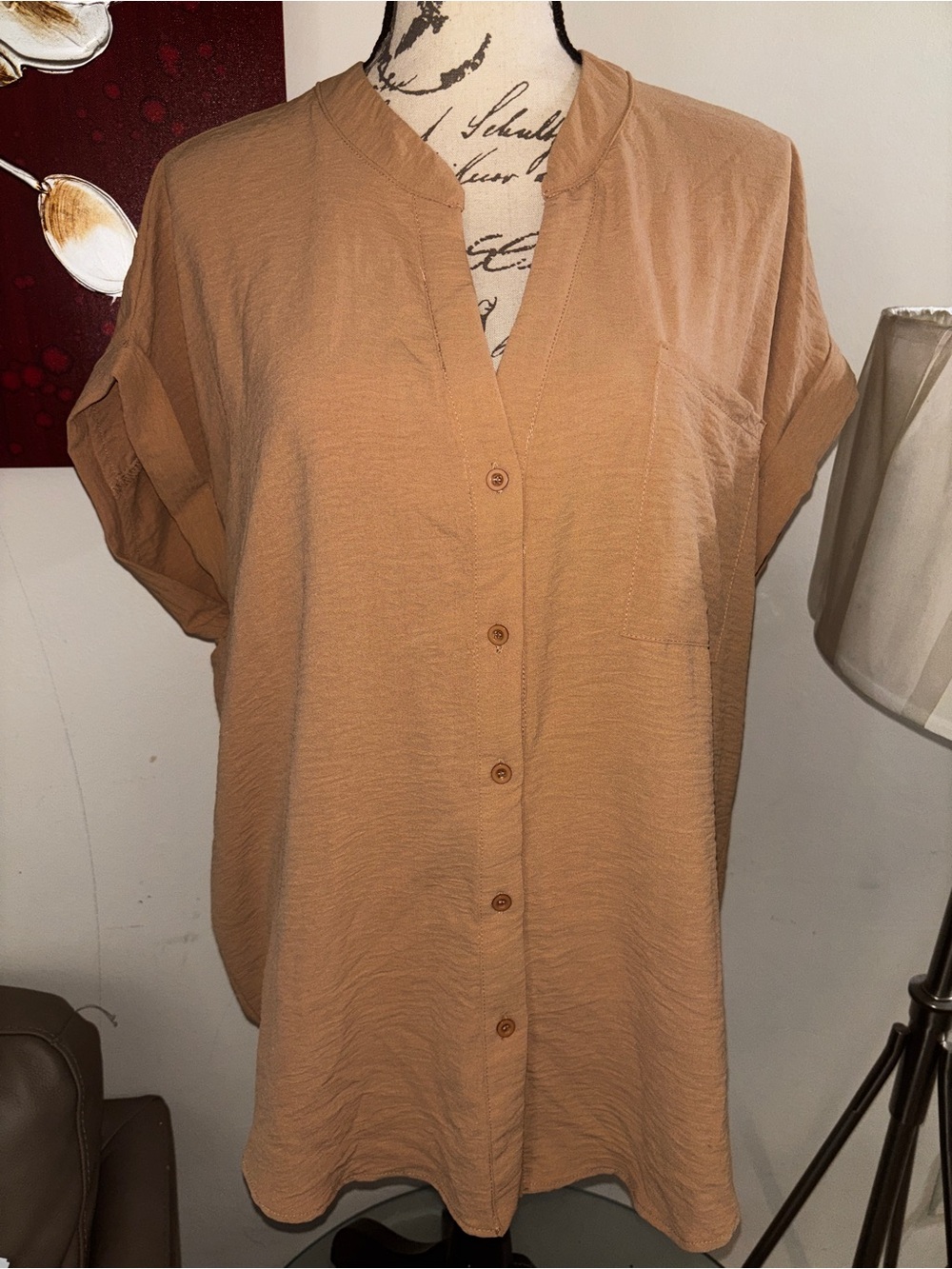 Zenobia Lightweight Button-Front Short Sleeve Shirt - Tan
